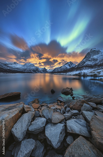 Hermosas auroras boreales en el cielo sobre las montañas y un lago en Noruega. Luces azules, violetas y verdes iluminan el paisaje invernal nocturno con nubes espectaculares.