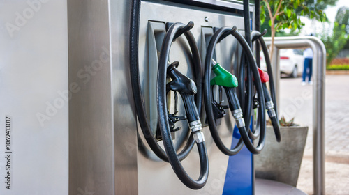 petrol gas pumps at the gas filling station, diesel, unleaded fuel