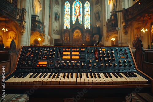 Vintage synthesizer in an old church setting