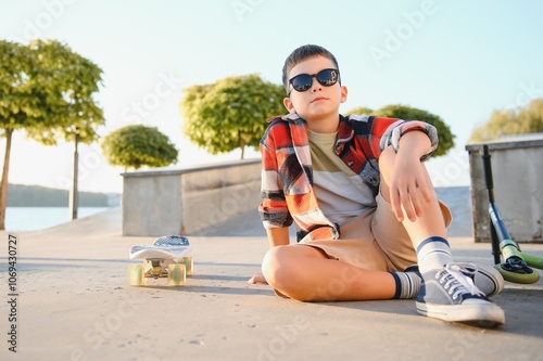 Teenage boy sitting with skateboard in skate park. Skateboarding, lifestyle, leisure, outdoors, urban, unaltered