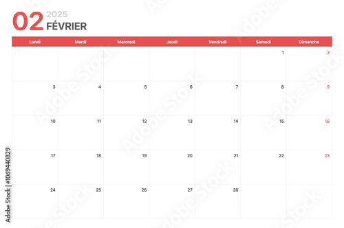 Calendrier 2025. La semaine du calendrier 2025 commence le lundi. Calendrier minimaliste d'entreprise propre pour Février 2025