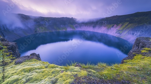 Volcanic Crater Lake at Dawn: Morning Mist and Reflected Clouds in a Concentric Composition, Emphasizing Scale. High-Quality National Geographic Style Capture.