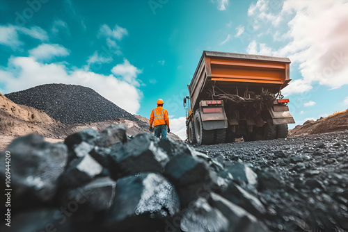 A worker in a bright orange vest and hardhat inspects a large dump truck that is driving away from him in a quarry.