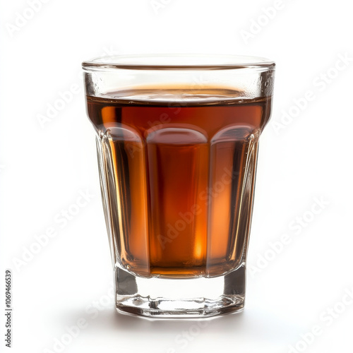 A glass of freshly brewed espresso, isolated on a white background, emphasizing a rich coffee shot