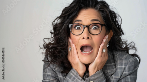 Elegant woman with curly hair and glasses expresses shock, hands on cheeks, with wide eyes and open mouth. Ideal for lifestyle, surprise, and emotional concepts