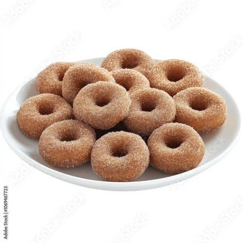 A plate of mini cinnamon sugar donuts, isolated on a white background, emphasizing a sweet treat