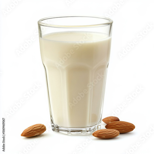 A glass of fresh almond milk, isolated on a white background, emphasizing a dairy-free beverage