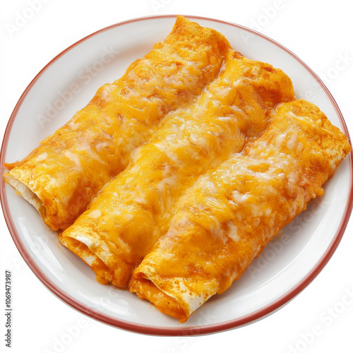 A plate of cheesy enchiladas, isolated on a white background, emphasizing a savory Mexican dish