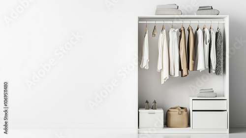 Men’s wardrobe with white shirts neatly hanging in the closet. Clothes and boxes are organized with space for text.