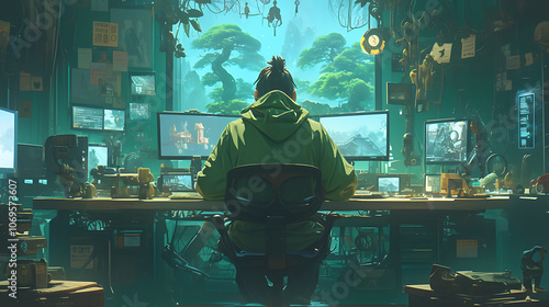 A young man sitting in front of a computer, cyberpunk style