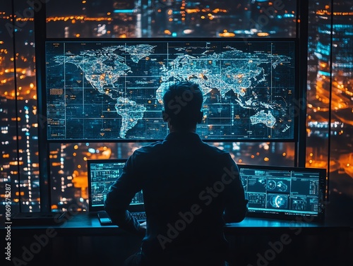 A hacker sits in front of multiple computer screens, looking at a world map with data points, working in a room with a view of a city skyline at night.