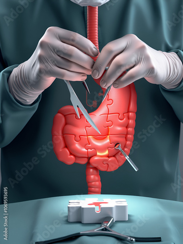 Stomach surgery puzzle concept (3d rendering): hands of surgeon with surgical tools perform stomach surgery as a result of gastric ulcer, peritonitis, gastric erosion, stomach bleeding, obesity, tumor