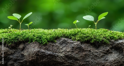 Lush green moss and seedlings on a rock