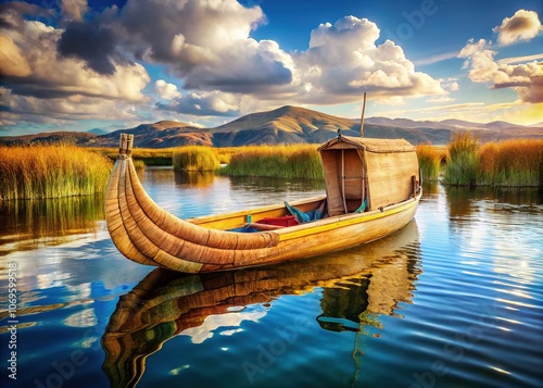 Vintage Reed Boat on Uros Island, Lake Titicaca, Peru/Bolivia