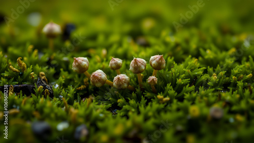 Moss with seed capsules spore capsules natural monument Hutewald Am Halloh near Albertshausen macro photo closeup KellerwaldEdersee nature park Park Hesse Germany Europe :