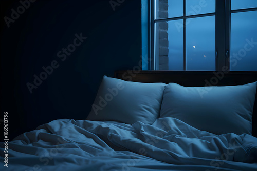 A serene bedroom scene with pillows and a rumpled blanket, illuminated by soft evening light.