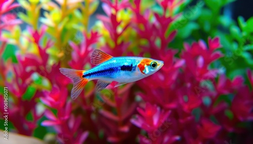 neon tetra with blue and red hues, swimming in an aquarium with vibrant plants in shades of red, green, and purple