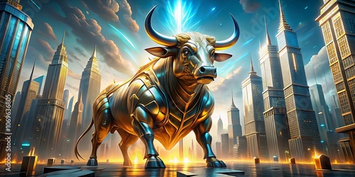 A gilded bull stands tall amidst a futuristic cityscape, its presence commanding respect and symbolizing the unwavering strength of ambition and progress.