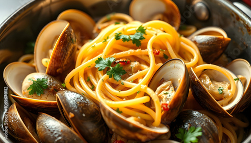 Close-up of steamed clams, linguini and parsley served in casserole highlighted by white, png