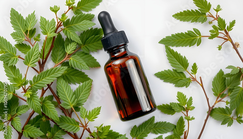 Plantain or Plantago major tincture in brown pipette bottle, decorated with plantain leaves in nature. Medicinal elixir concept, flat lay view highlighted by white, png