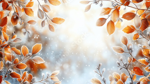 First frost fall leaves.Snow drizzle trees winter background,reflecting the transition between seasons.Frozen leaves and snowfall blue backdrop for seasonal designs,wallpapers and social media posts