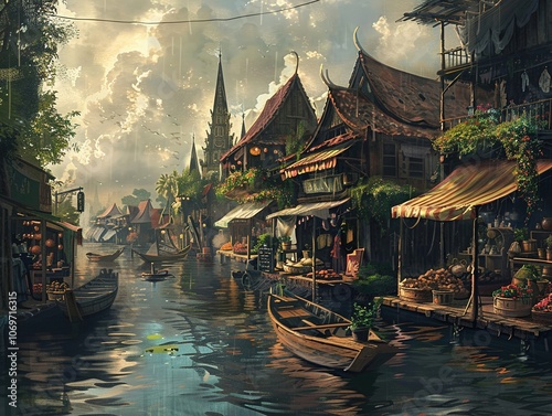 A floating market that travels on the rivers and canals of the world appearing overnight in unexpected places