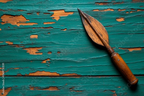 An arrowhead lodged into an old target board with worn wood and faded paint, showing years of use