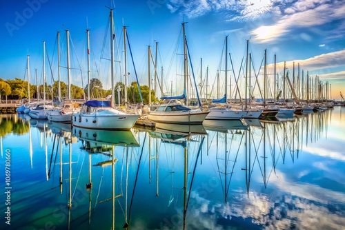 Scenic View of Multiple Topmasts from Sailing Yachts in a Busy Marina, Showcasing Nautical Lifestyle and Tranquil Waters Under Clear Blue Skies