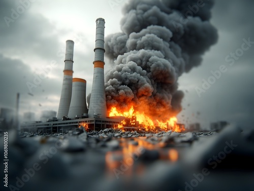 Catastrophic power plant disaster with intense inferno raging across the facility towering columns of acrid smoke and ash belching skyward scattered rubble and crumpled wreckage littering the ground