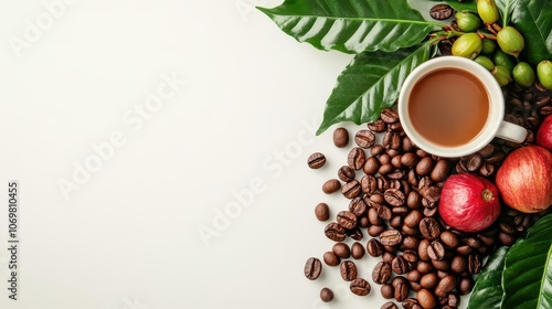 Coffee plant leaves and beans on a white background, representing the origin of coffee