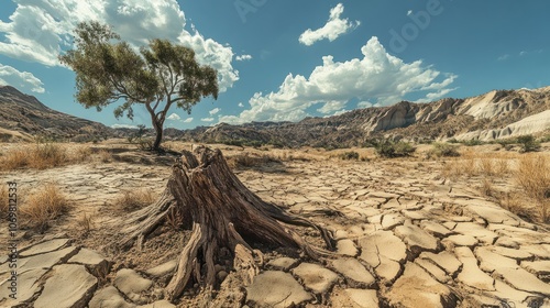 dry cracked earth with dead tree in drought stricken landscape.