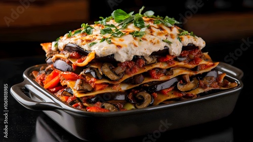 Layered vegan lasagna featuring sauted mushrooms roasted bell peppers tender eggplant and a luxurious cashew based bechamel sauce presented in a classic baking dish with a homemade