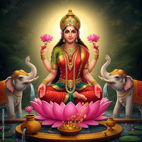 Beautiful depiction of Goddess Lakshmi seated on a lotus with elephants, representing wealth, prosperity, and blessings in Hindu belief