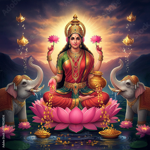 Beautiful depiction of Goddess Lakshmi seated on a lotus flower with elephants, symbolizing wealth, prosperity, and divine blessings