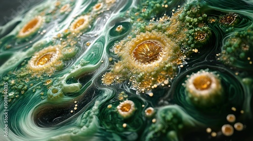 Abstract Macro Photography: Swirling Green and Gold Organic Shapes