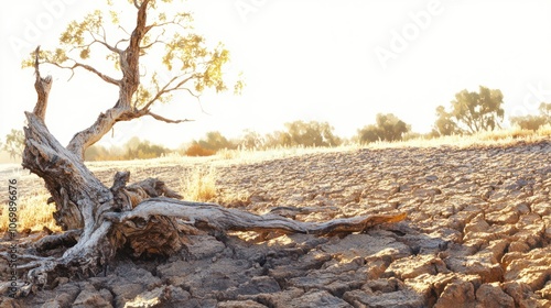 dry cracked earth with dead tree in drought stricken landscape.