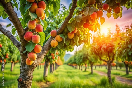 Summer Orchard Gummosis in Apricot Cultivar Prunus armeniaca L with Copyspace for Text, Showcasing the Effects of Disease on Fruiting Trees in a Vibrant Landscape Setting