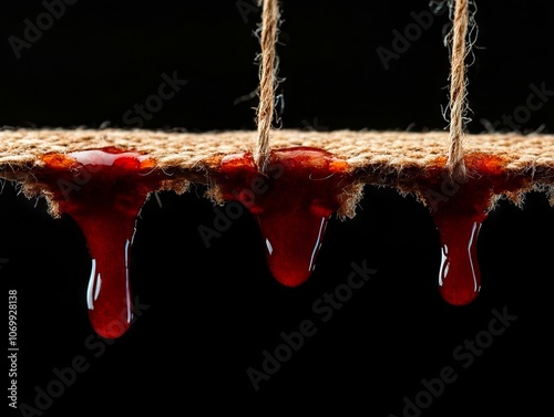 A close up of a piece of cloth with blood dripping down it