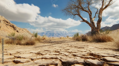 dry cracked earth with dead tree in drought stricken landscape.