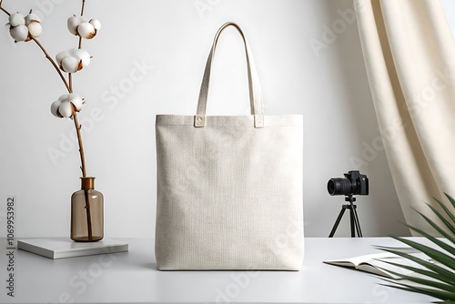 white paper bag on a white background. Simple and Direct: White Tote Bag Mockup