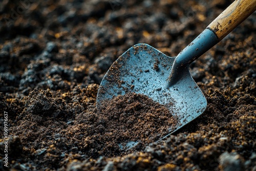 A close-up view of a shovel digging soil in a garden during daylight hours