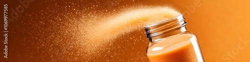 A jar of orange liquid is being poured out of it, creating a cloud of dust