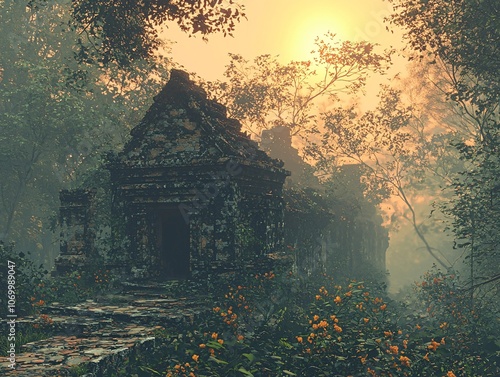 Ancient Ruins in a Tropical Forest at Sunrise