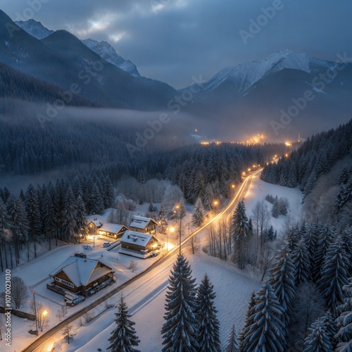 Aerial view of illuminated houses in fairy village in snow, forest, Jasna lake, street lights at winter night. Top view of alpine mountains in fog, snowy pine trees at dusk. Kranjska Gora, Slovenia