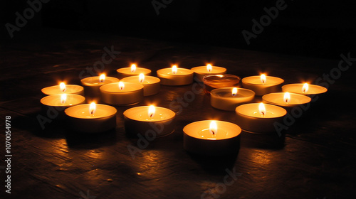 Heart-shaped arrangement of burning tealight candles in the dark, creating warm and intimate atmosphere for romance, meditation, and peaceful moments