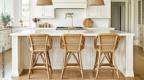 Kitchen with island and chairs with wood backrest and wicker supports. The island is white oak and the upper cabinets are ivory.