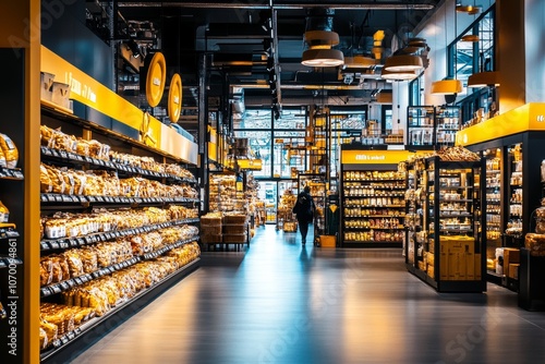  Pasillo bien iluminado de un supermercado moderno con estantes llenos de productos alimenticios, proporcionando una experiencia de compra cómoda.