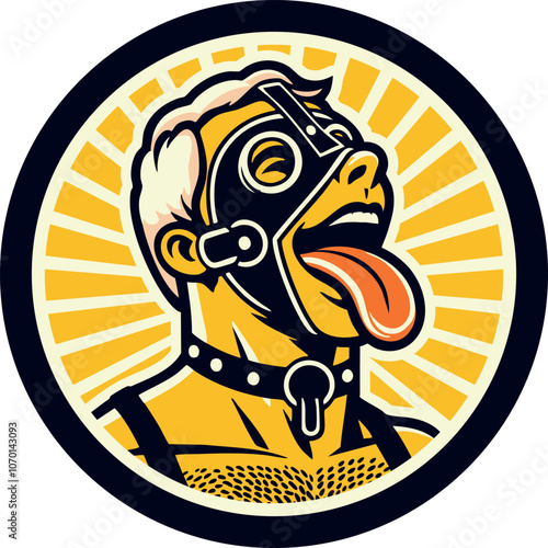 Gay guy in leather mask and collar with hairy chest and tongue out in front of golden sun rays after rain. Round graphic gay man symbol (vector graphics)