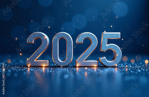 Happy new year 2025 with silver metallic numbers on dark background.