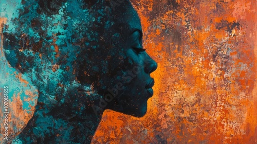 Abstract profile portrait of a woman in teal and orange tones, blending textures that evoke introspection and inner peace. AI generative.